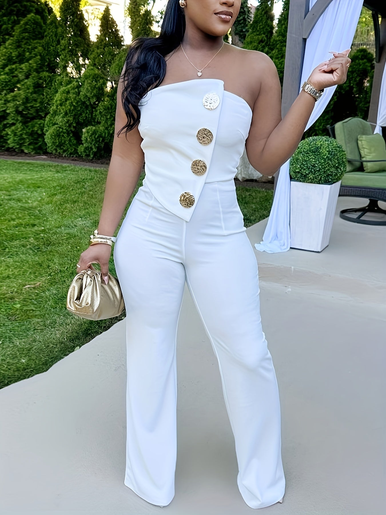 Women's Sleeveless Strapless Bodycon Jumpsuit - Stretchy High-Waisted Wide-Leg Romper with Golden-Tone Buttons, Solid White Elegant Outfit for All Seasons, Hand Wash Only, Allseason Fashion | Offshoulder Style | Sophisticated